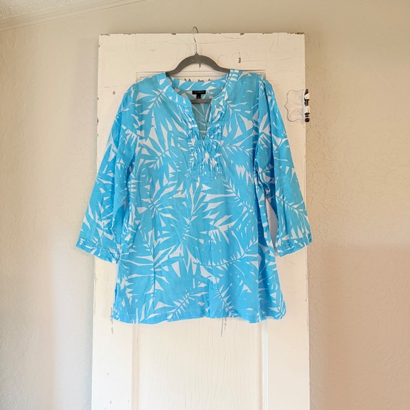 Talbots Tops - Talbots Womens Blue White Palm Leaf Print Pintuck Cotton Tunic Top Large L